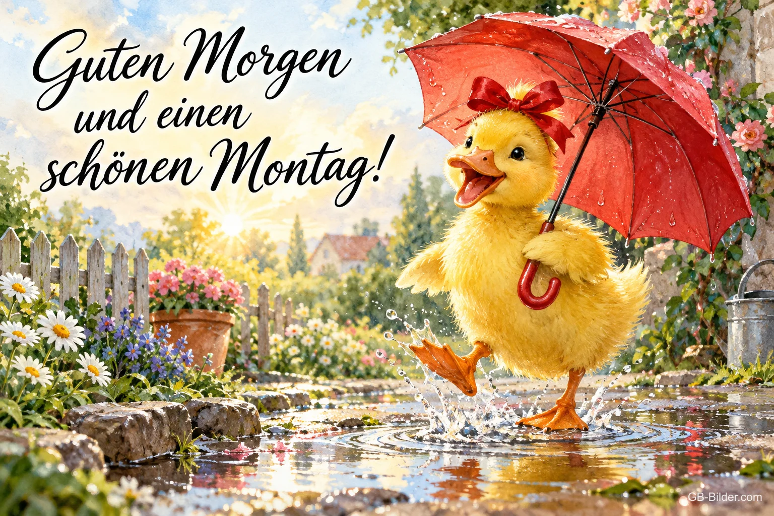Gelbes Entchen mit rotem Schirm hüpft durch Pfützen im Garten, Text: Guten Morgen und einen schönen Montag!