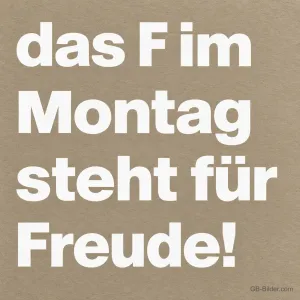 Weiße Schrift auf Beige, lustiger Spruch: Das F im Montag steht für Freude!