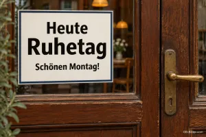 Schild Heute Ruhetag an einer Holztür, Text: Schönen Montag!