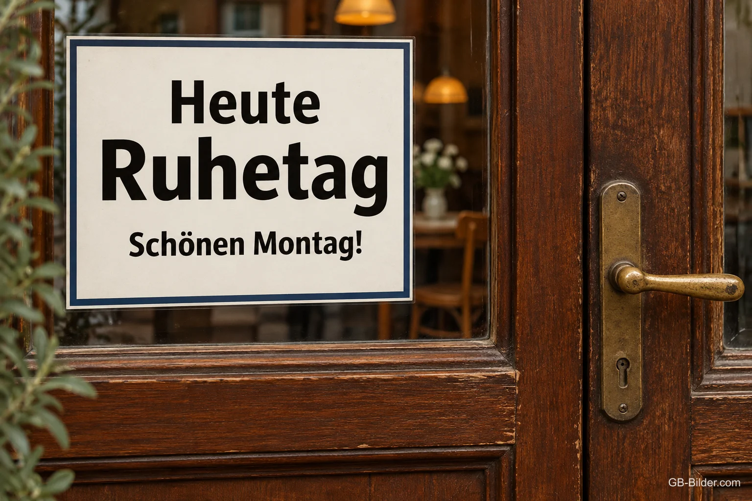 Schild Heute Ruhetag an einer Holztür, Text: Schönen Montag!