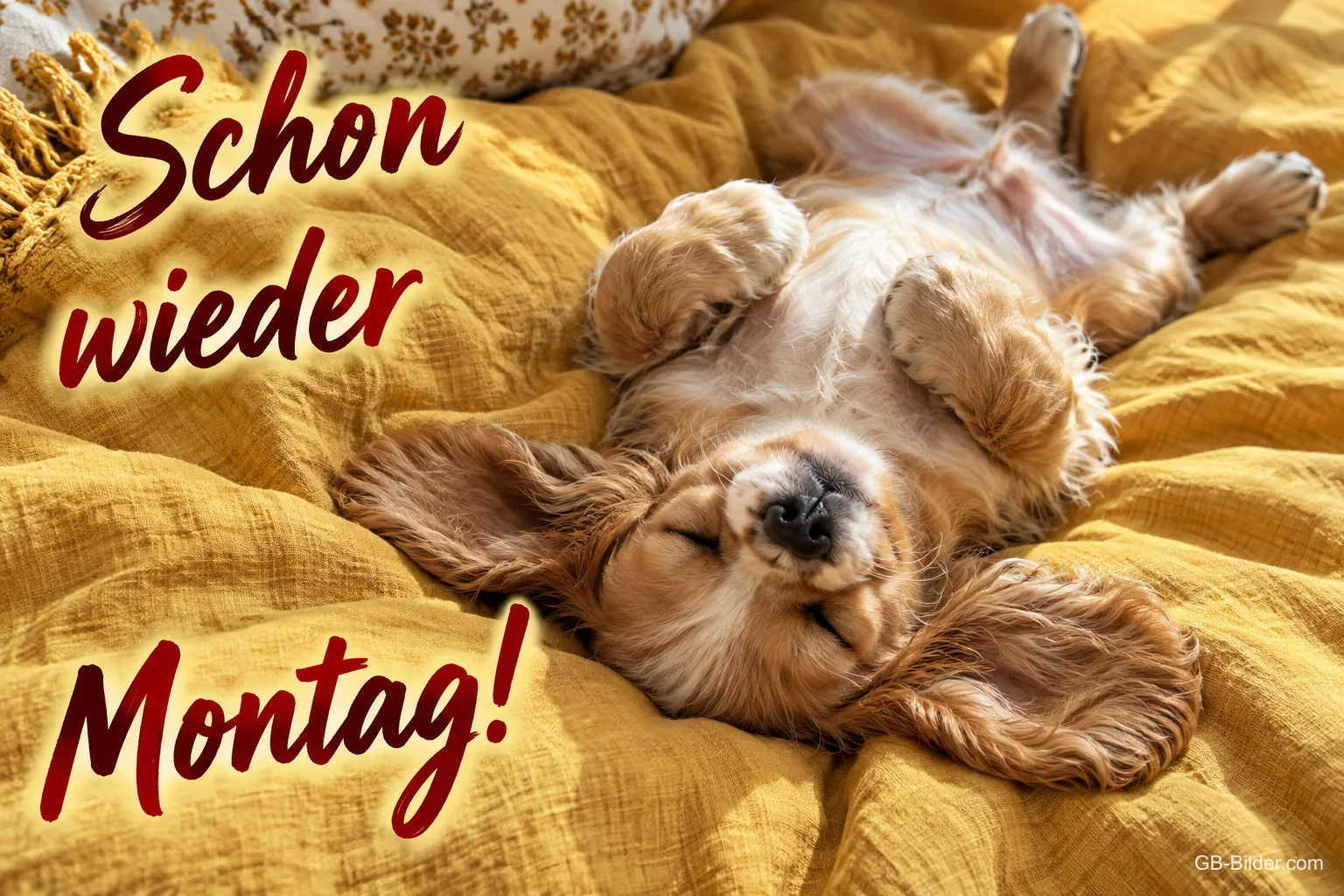 Welpe auf dem Rücken, lustiger Text: Schon wieder Montag!