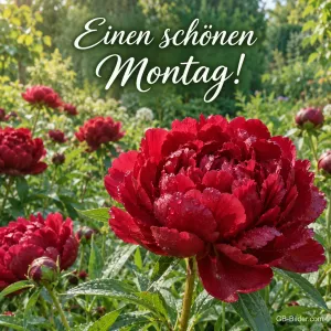 Rote Pfingstrosen im Garten, Text: Einen schönen Montag!