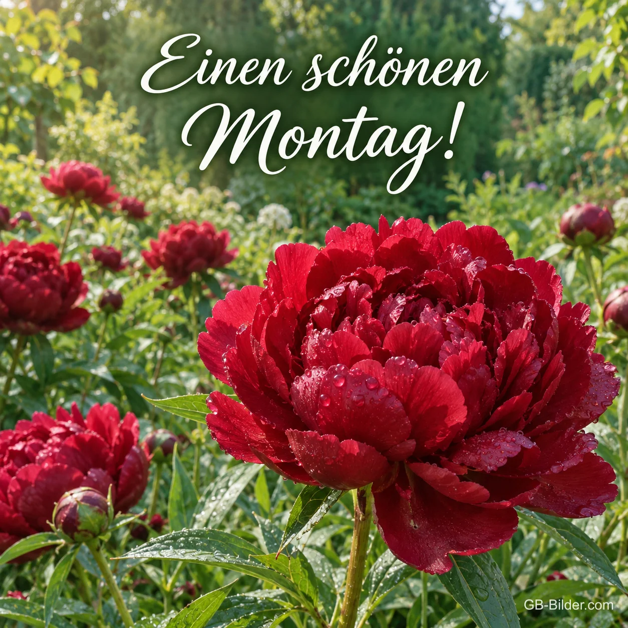 Rote Pfingstrosen im Garten, Text: Einen schönen Montag!