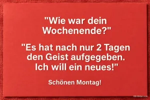 Weiße Schrift auf Rot, lustiger Spruch über das Wochenende, Schönen Montag!