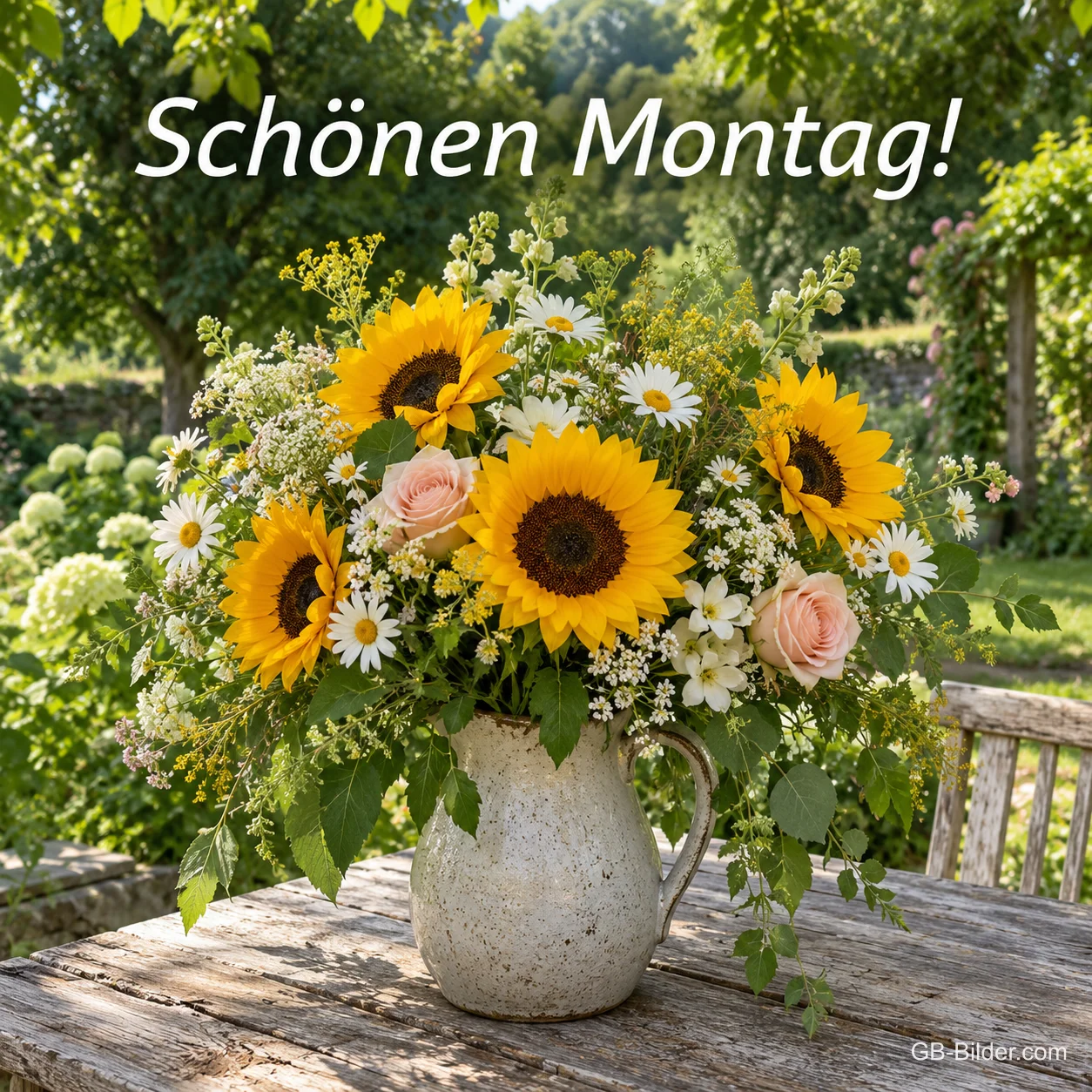 Sommerstrauß mit Sonnenblumen, Text: Schönen Montag!