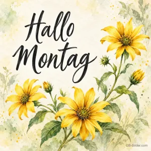 Gelbe Aquarellblüten, Text: Hallo Montag