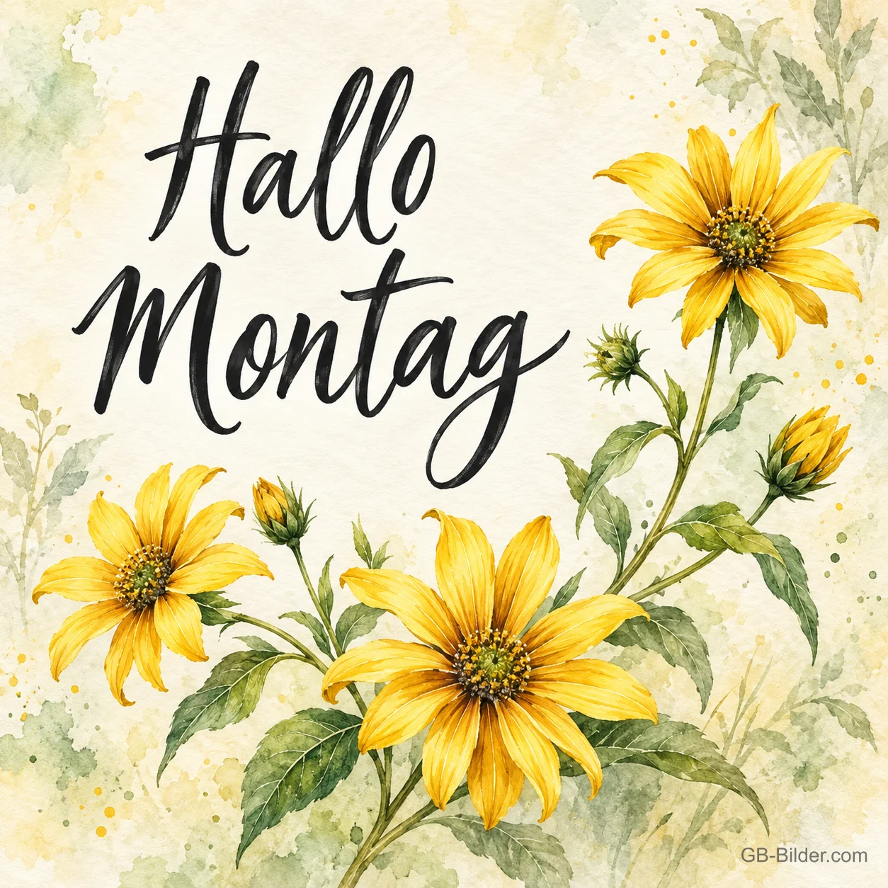 Gelbe Aquarellblüten, Text: Hallo Montag
