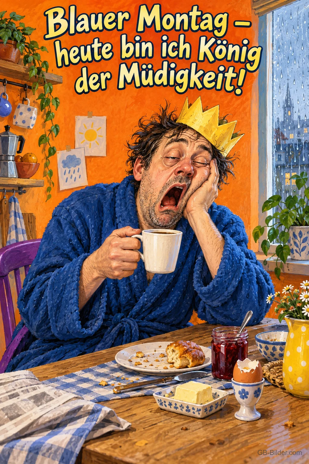 Müder Mann im Bademantel mit Papierkrone gähnt am Frühstückstisch, Text: Blauer Montag – heute bin ich König der Müdigkeit!