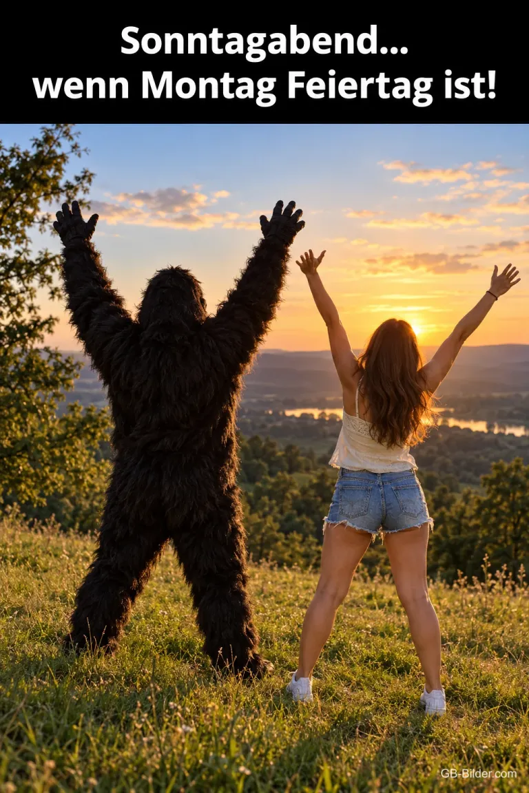 Jubelnde Frau und Gorillakostüm im Sonnenuntergang, lustiger Text: Sonntagabend, wenn Montag Feiertag ist!