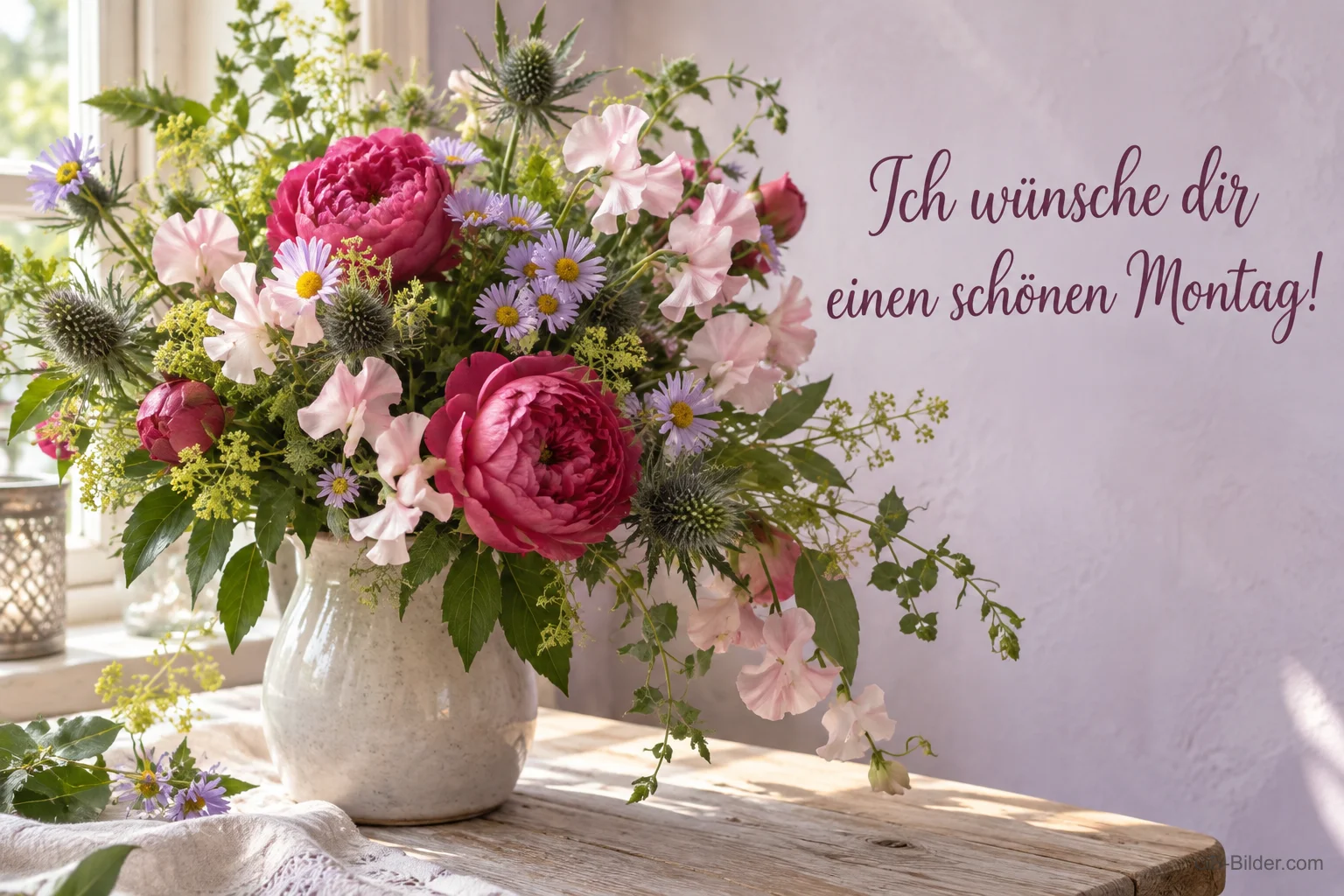 Sommerstrauß im Krug, Text: Ich wünsche dir einen schönen Montag!