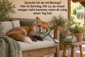 Fuchs am Telefon, lustiger Spruch, Text: Spreche ich da mit Montag