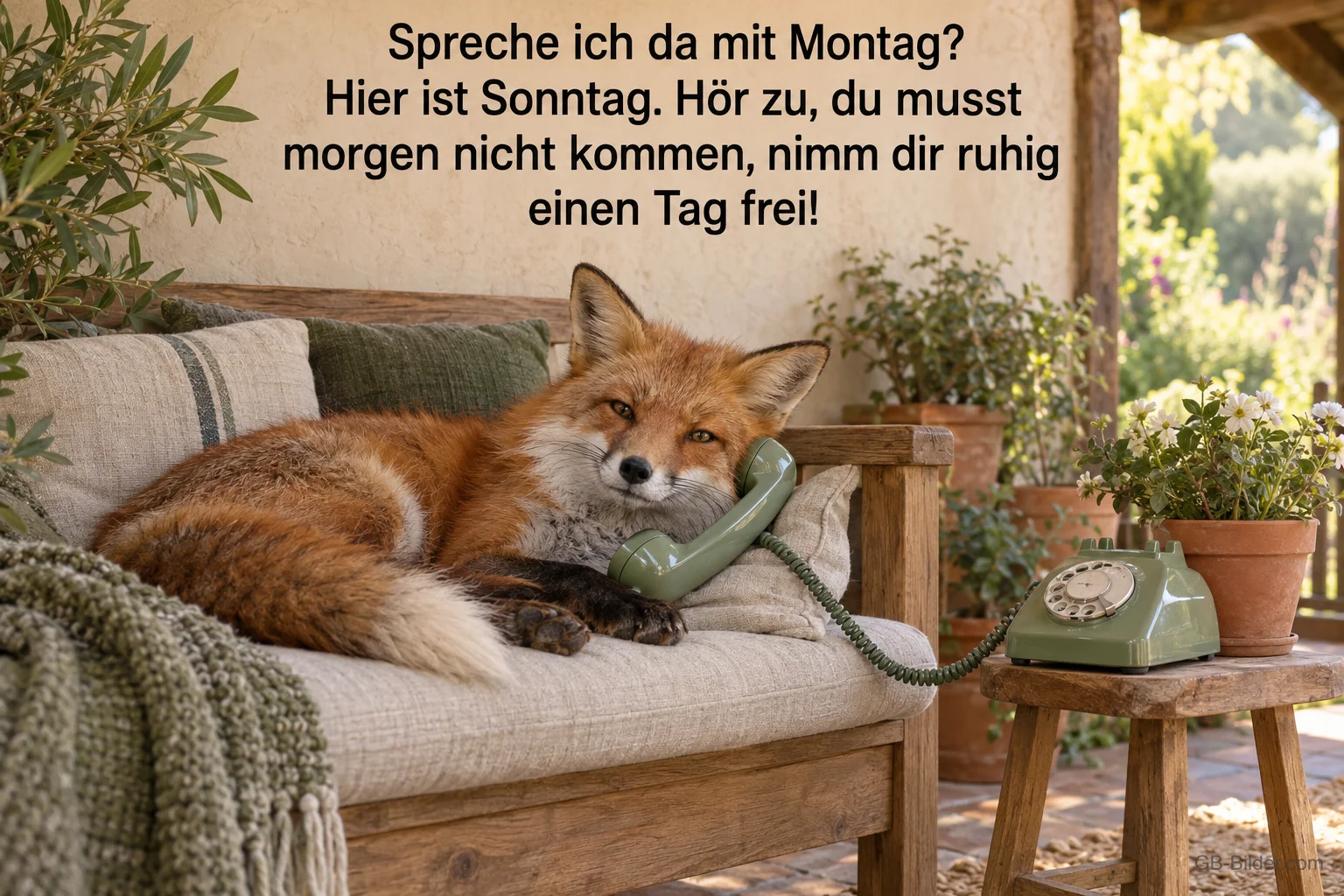 Fuchs am Telefon, lustiger Spruch, Text: Spreche ich da mit Montag