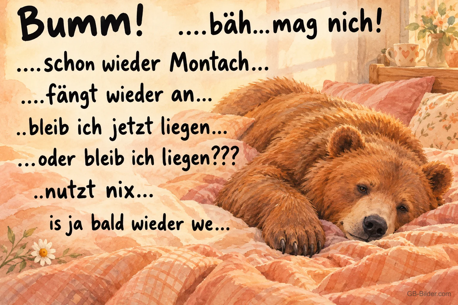 Müder Bär im Bett, lustiger Spruch: schon wieder Montach