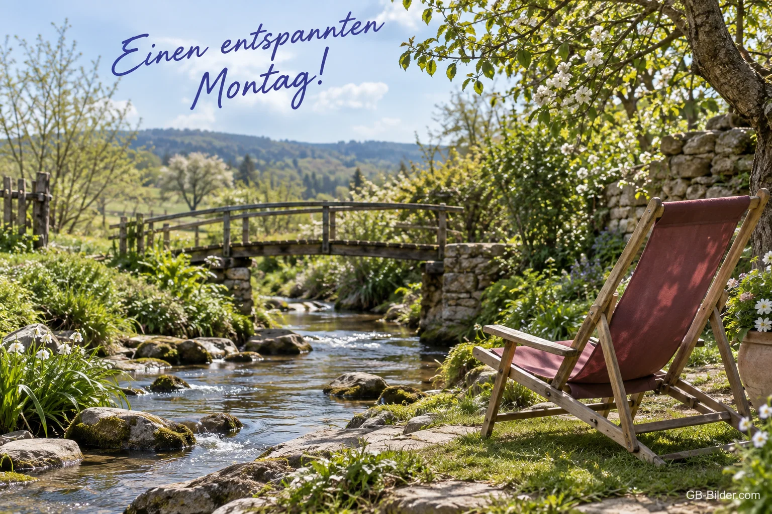 Liegestuhl am Bach, Text: Einen entspannten Montag!