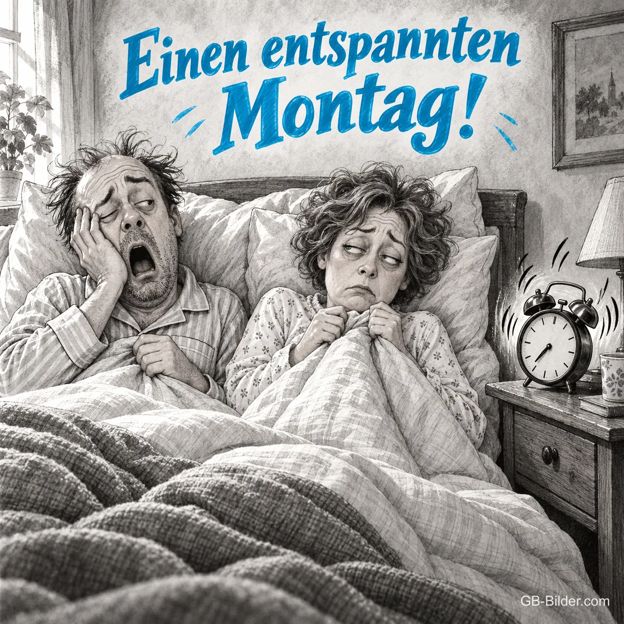 Gähnender Mann und müde Frau im Bett neben klingelndem Wecker, Text: Einen entspannten Montag!