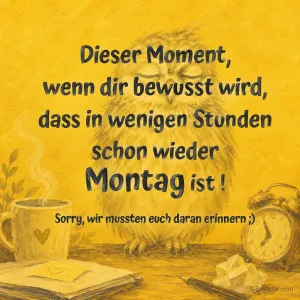 Müde Eule mit Wecker, lustiger Spruch: schon wieder Montag