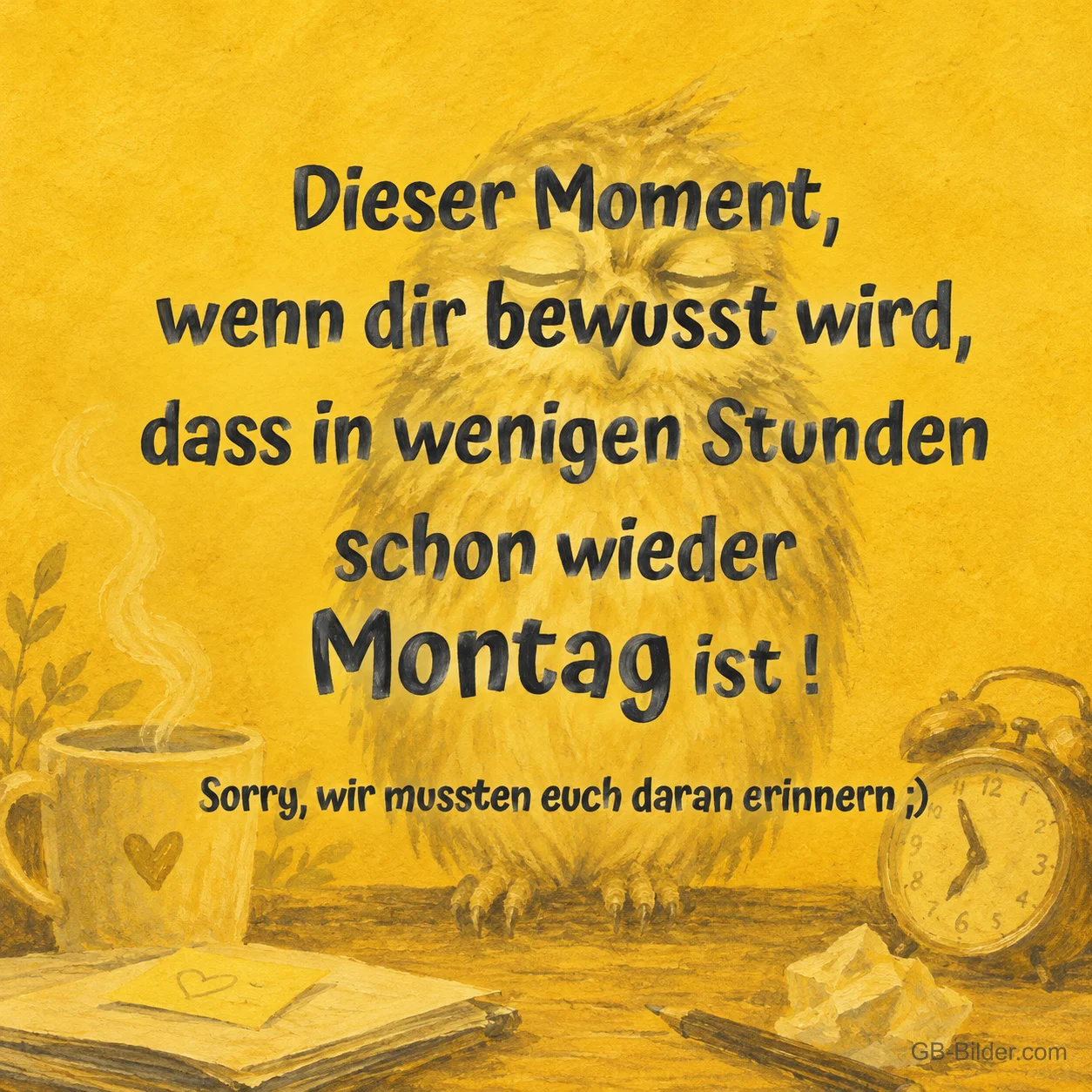Müde Eule mit Wecker, lustiger Spruch: schon wieder Montag