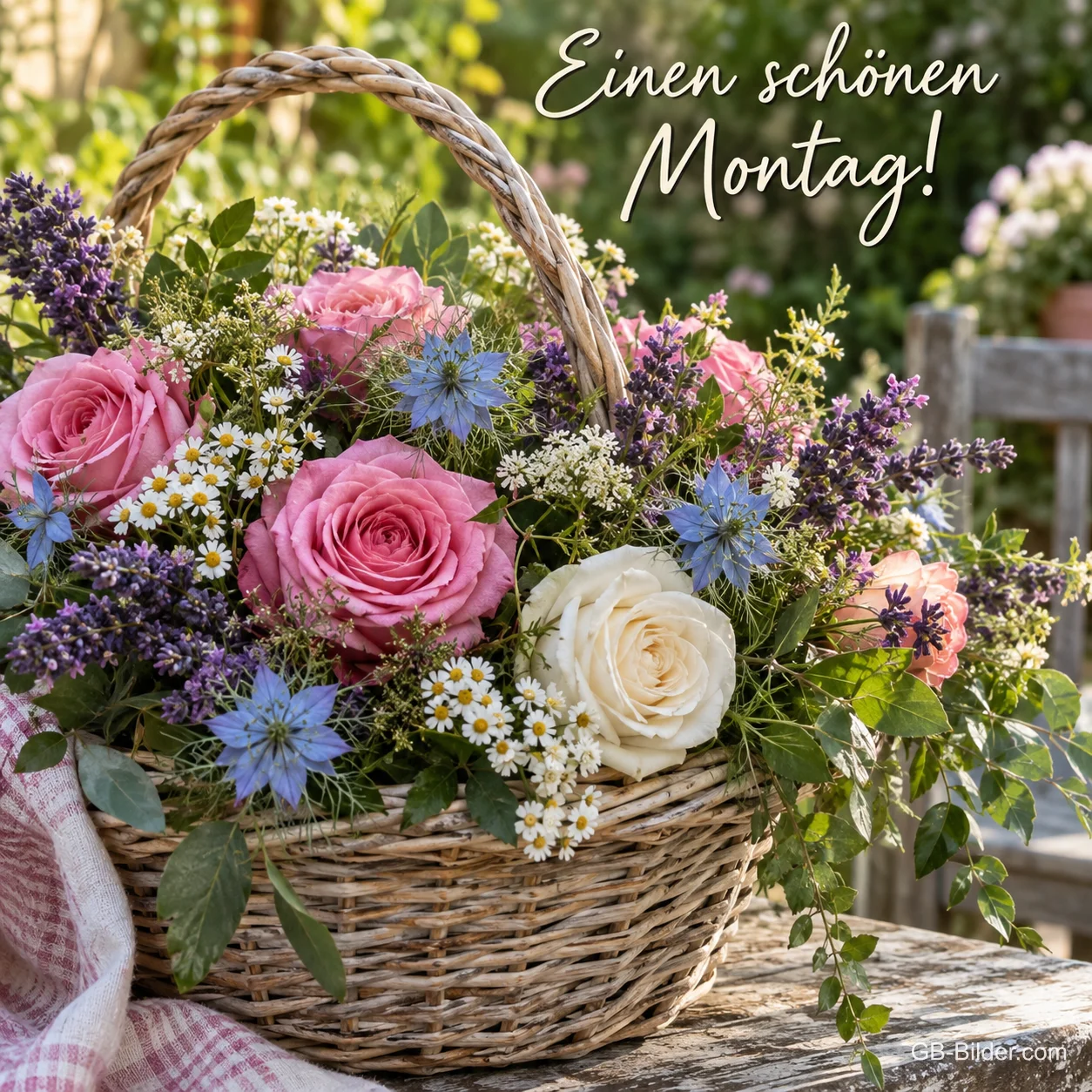 Blumenkorb mit Rosen auf der Gartenbank, Text: Einen schönen Montag!