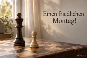 Schachfiguren am Fenster, Text: Einen friedlichen Montag!