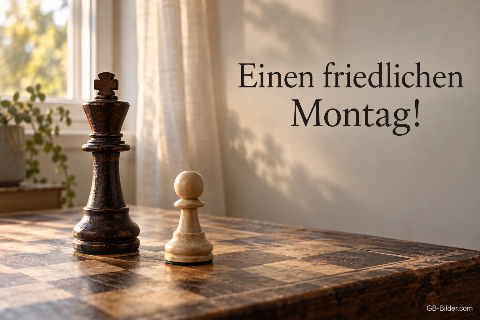 Schachfiguren am Fenster, Text: Einen friedlichen Montag!