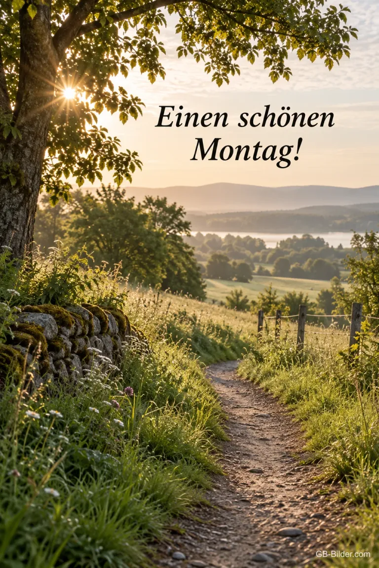Feldweg im Morgenlicht, Text: Einen schönen Montag!