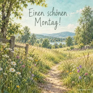Feldweg durch eine Sommerwiese, Text: Einen schönen Montag!