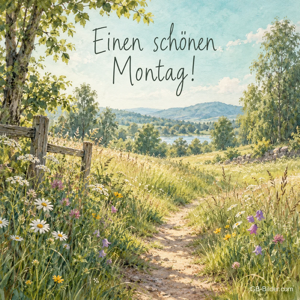 Feldweg durch eine Sommerwiese, Text: Einen schönen Montag!