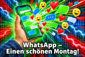 Hand hält ein Smartphone, aus dem bunte Sprechblasen, Herzen und Smileys fliegen, Text: WhatsApp – Einen schönen Montag!