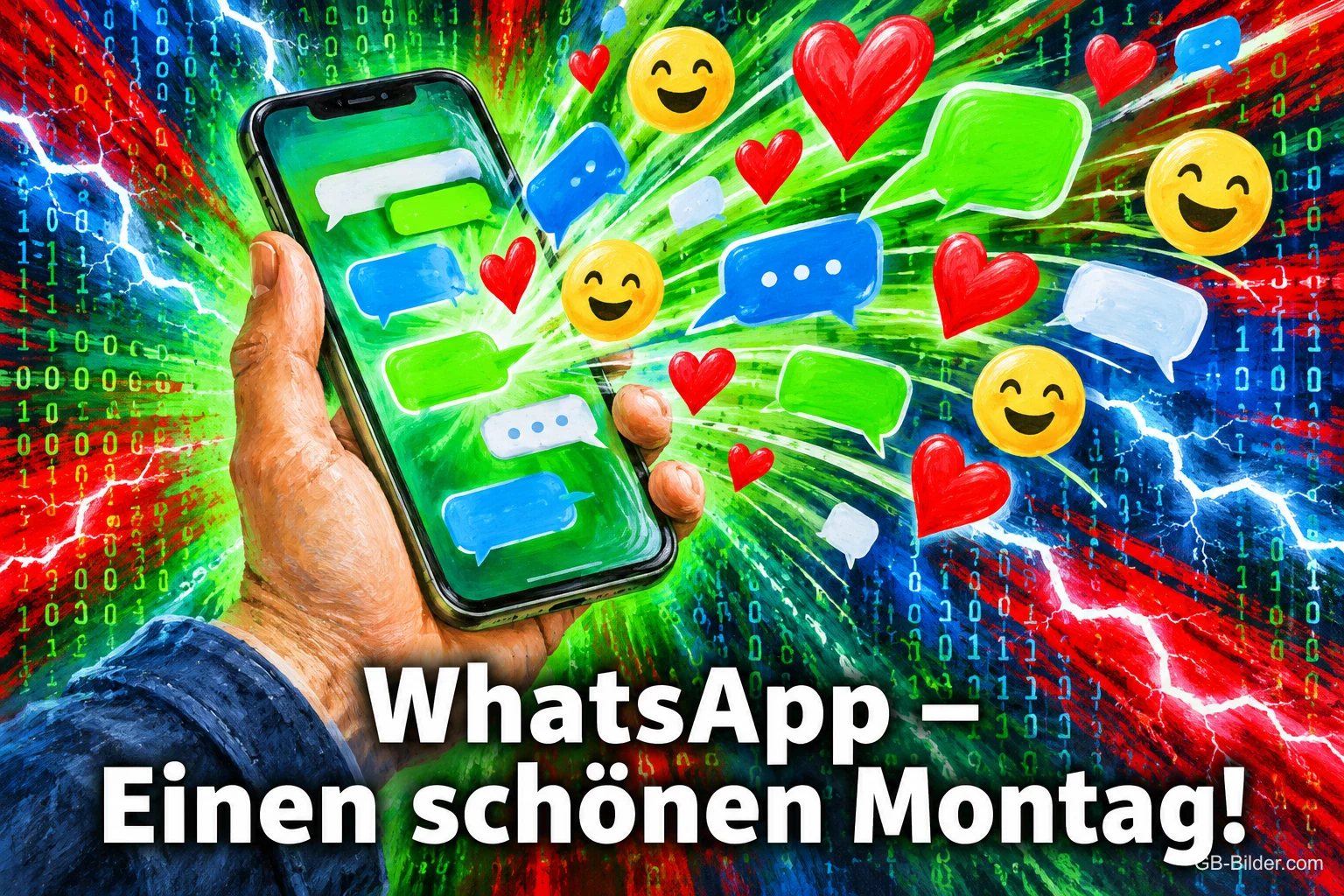 Hand hält ein Smartphone, aus dem bunte Sprechblasen, Herzen und Smileys fliegen, Text: WhatsApp – Einen schönen Montag!