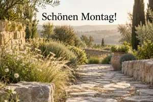 Steinweg im mediterranen Garten, Text: Schönen Montag!