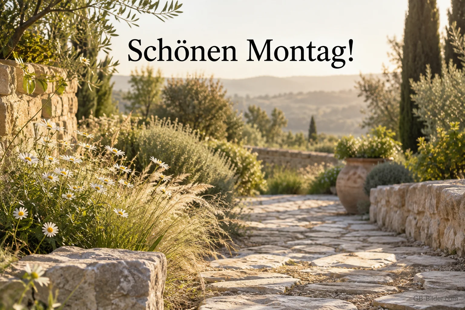 Steinweg im mediterranen Garten, Text: Schönen Montag!