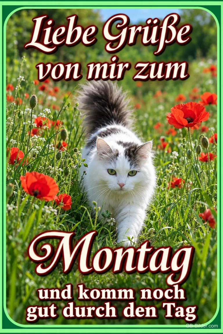 Katze in einer Mohnblumenwiese, Text: Liebe Grüße von mir zum Montag und komm noch gut durch den Tag