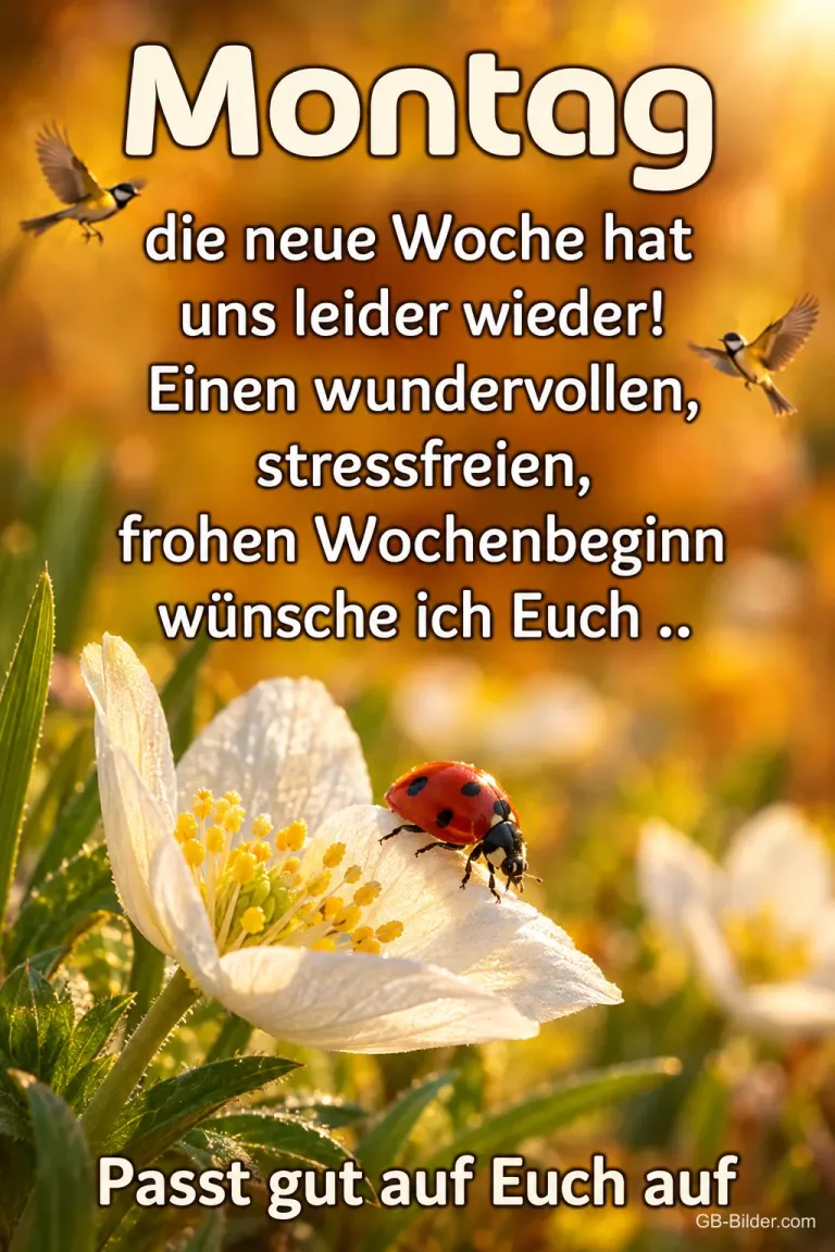 Marienkäfer auf einer weißen Blüte im Sonnenlicht, Text: Montag – die neue Woche hat uns leider wieder! Einen wundervollen, stressfreien, frohen Wochenbeginn wünsche ich Euch.. Passt gut auf Euch auf