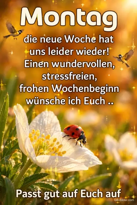 Marienkäfer auf einer weißen Blüte im Sonnenlicht, Text: Montag – die neue Woche hat uns leider wieder! Einen wundervollen, stressfreien, frohen Wochenbeginn wünsche ich Euch.. Passt gut auf Euch auf