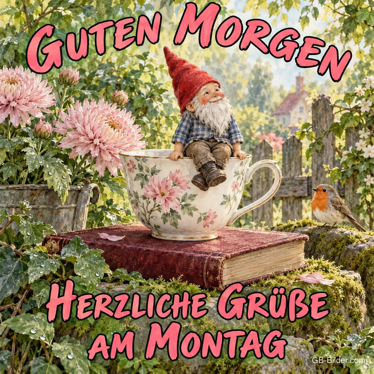 Gartenzwerg sitzt auf einer Teetasse auf einem Buch zwischen Dahlien, Text: GUTEN MORGEN – HERZLICHE GRÜSSE AM MONTAG