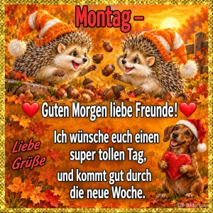 Zwei Igel mit Strickmützen zwischen Eicheln und Herbstlaub, Dackel mit Herz, Text: Montag – Guten Morgen liebe Freunde! Ich wünsche euch einen super tollen Tag, und kommt gut durch die neue Woche. Liebe Grüße