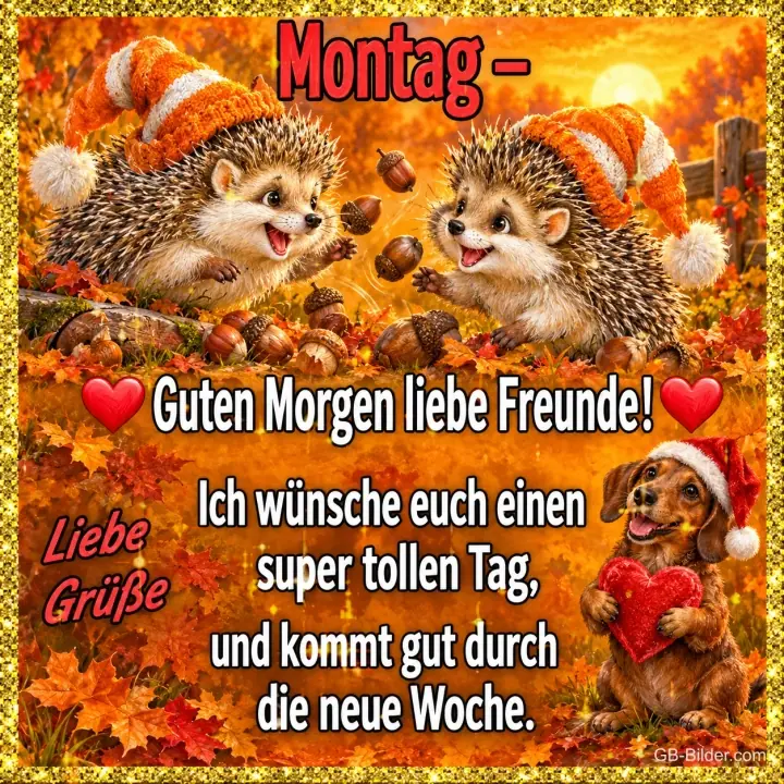 Zwei Igel mit Strickmützen zwischen Eicheln und Herbstlaub, Dackel mit Herz, Text: Montag – Guten Morgen liebe Freunde! Ich wünsche euch einen super tollen Tag, und kommt gut durch die neue Woche. Liebe Grüße
