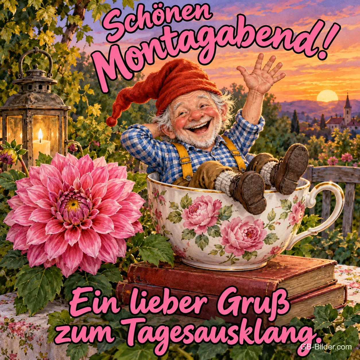 Lachender Gartenzwerg liegt winkend in einer Teetasse neben einer Dahlie, Text: Schönen Montagabend! Ein lieber Gruß zum Tagesausklang.