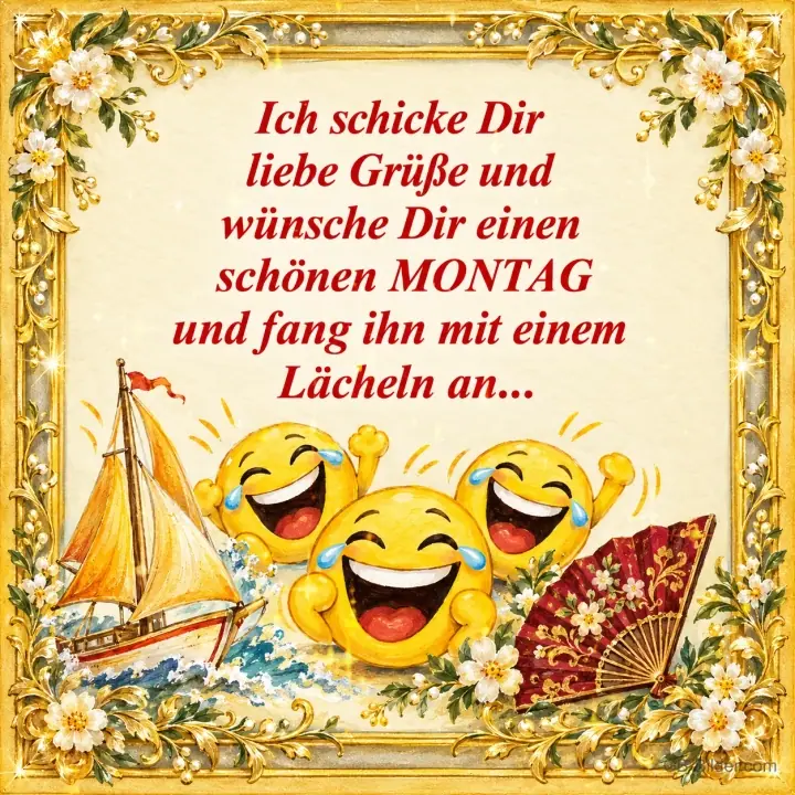 Drei lachende Smileys mit Segelboot und Fächer im goldenen Rahmen, Text: Ich schicke Dir liebe Grüße und wünsche Dir einen schönen MONTAG und fang ihn mit einem Lächeln an… Drei lachende Smileys mit Segelboot und Fächer im goldenen Rahmen, Text: Ich schicke Dir liebe Grüße und wünsche Dir einen schönen MONTAG und fang ihn mit einem Lächeln an…