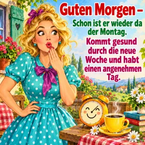 Blonde Frau im gepunkteten Kleid hält erstaunt die Hand vor den Mund, Wecker und Kaffee, Text: Guten Morgen – Schon ist er wieder da der Montag. Kommt gesund durch die neue Woche und habt einen angenehmen Tag.