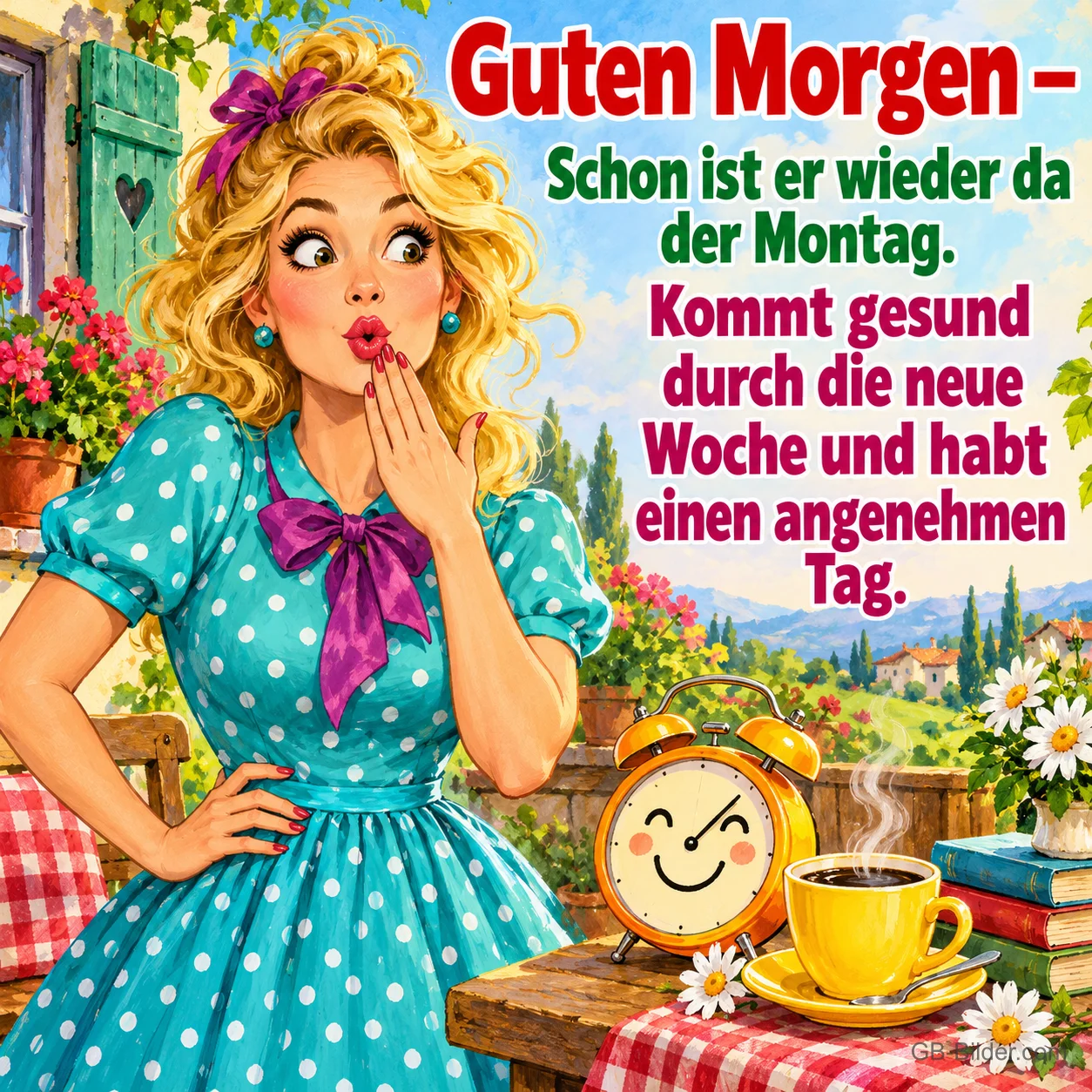 Blonde Frau im gepunkteten Kleid hält erstaunt die Hand vor den Mund, Wecker und Kaffee, Text: Guten Morgen – Schon ist er wieder da der Montag. Kommt gesund durch die neue Woche und habt einen angenehmen Tag.