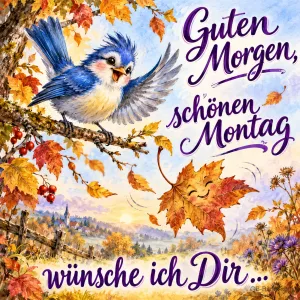 Blauer Vogel flattert über einen Ast mit Herbstlaub und lachendem Blatt, Text: Guten Morgen, schönen Montag wünsche ich Dir …