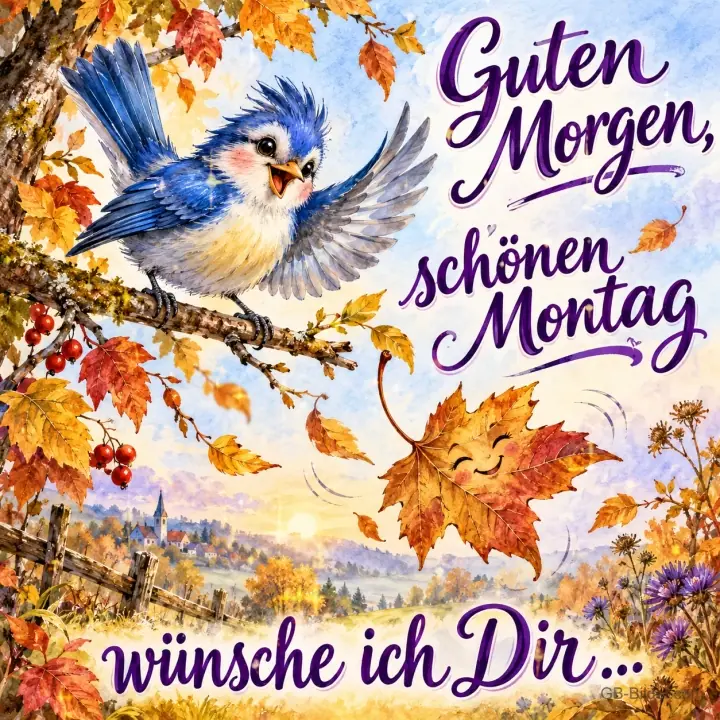 Blauer Vogel flattert über einen Ast mit Herbstlaub und lachendem Blatt, Text: Guten Morgen, schönen Montag wünsche ich Dir …