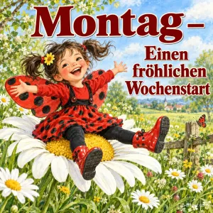 Lachendes Mädchen im Marienkäferkostüm sitzt auf einer großen Margerite, Text: Montag – Einen fröhlichen Wochenstart