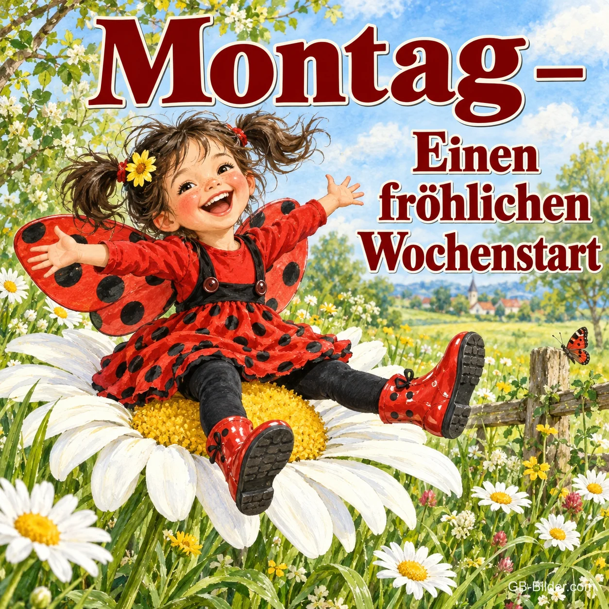 Lachendes Mädchen im Marienkäferkostüm sitzt auf einer großen Margerite, Text: Montag – Einen fröhlichen Wochenstart