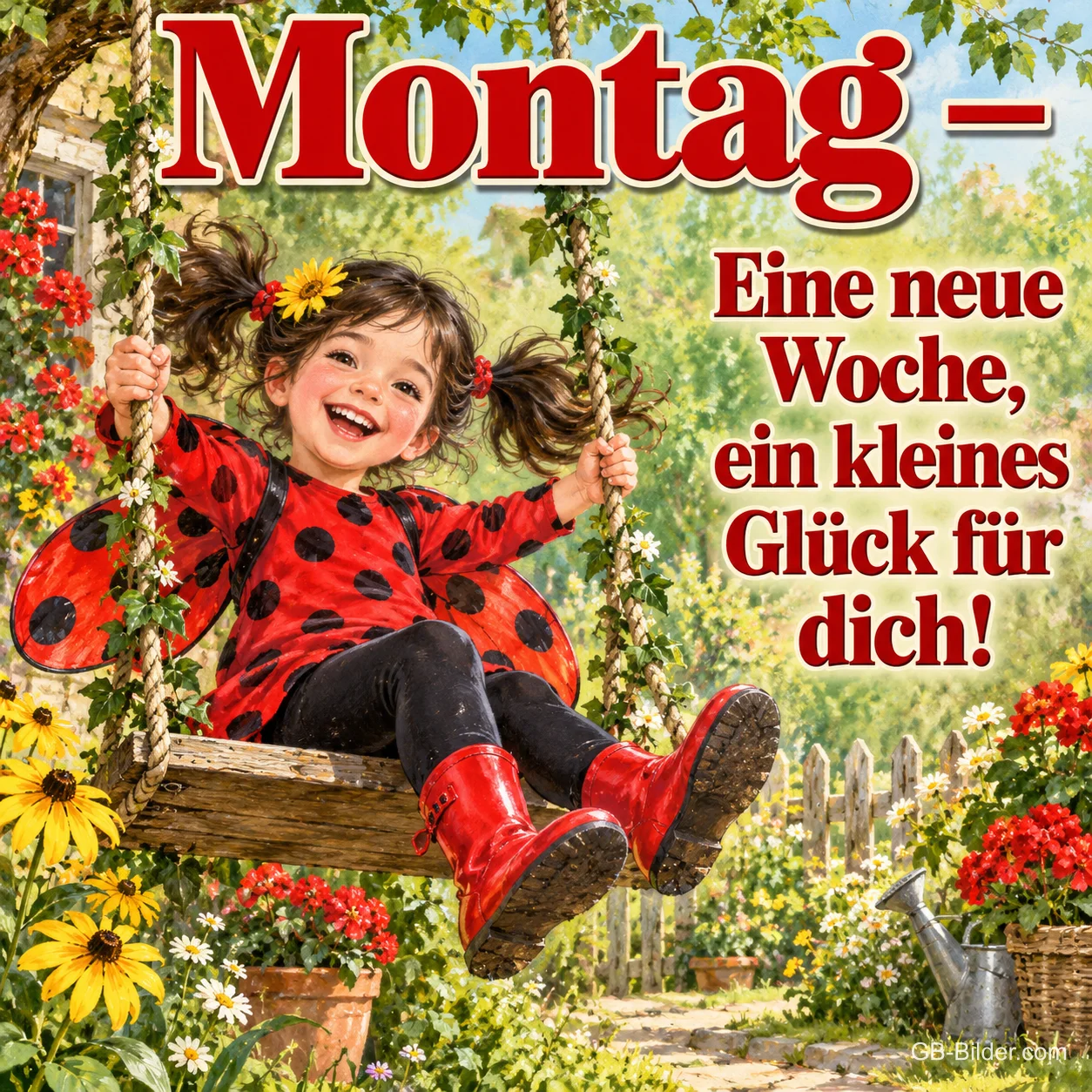 Mädchen im Marienkäferkostüm schaukelt lachend im Garten, Text: Montag – Eine neue Woche, ein kleines Glück für dich!