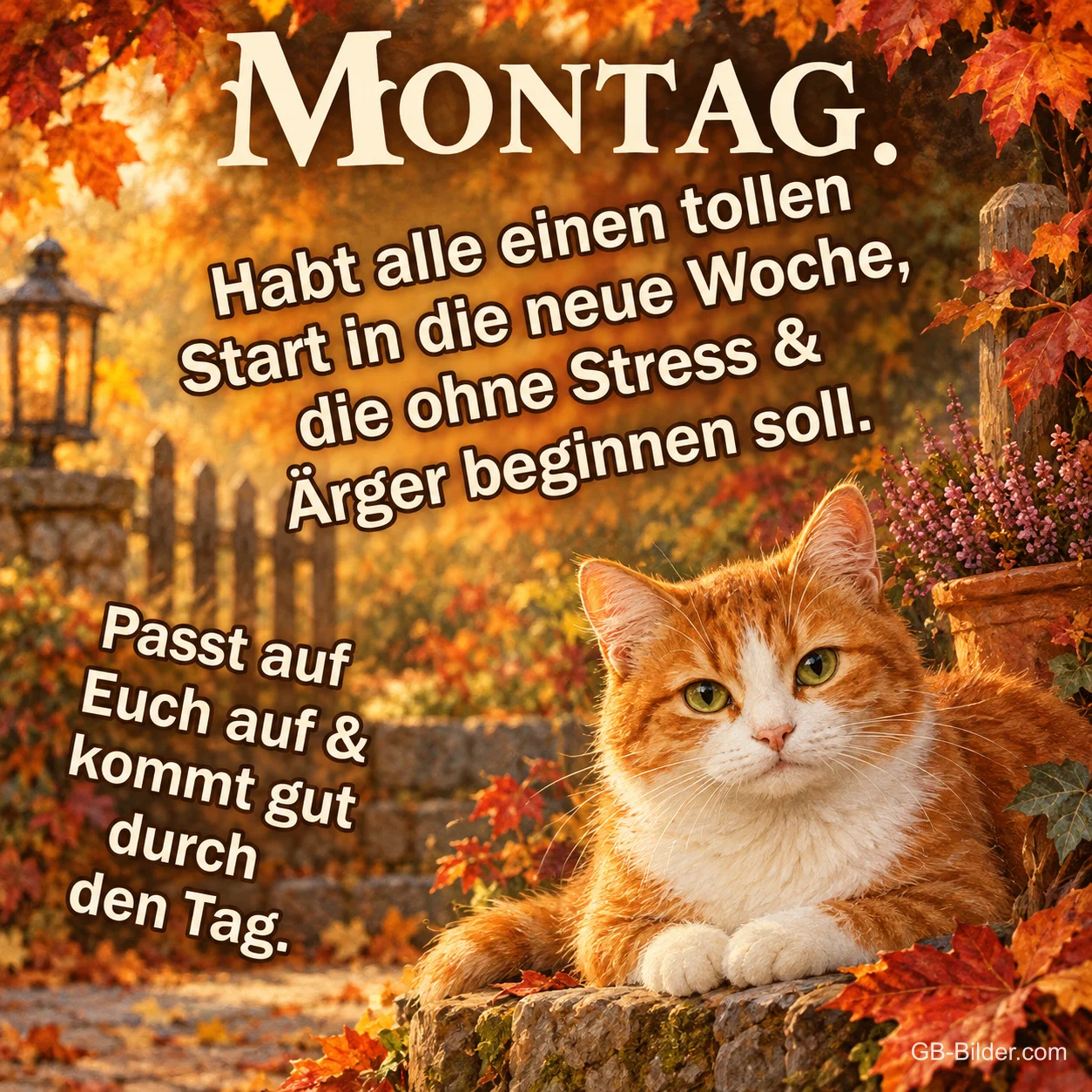 Rote Katze liegt auf einer Mauer im Herbstlaub, Text: MONTAG. Habt alle einen tollen Start in die neue Woche, die ohne Stress & Ärger beginnen soll. Passt auf Euch auf & kommt gut durch den Tag.