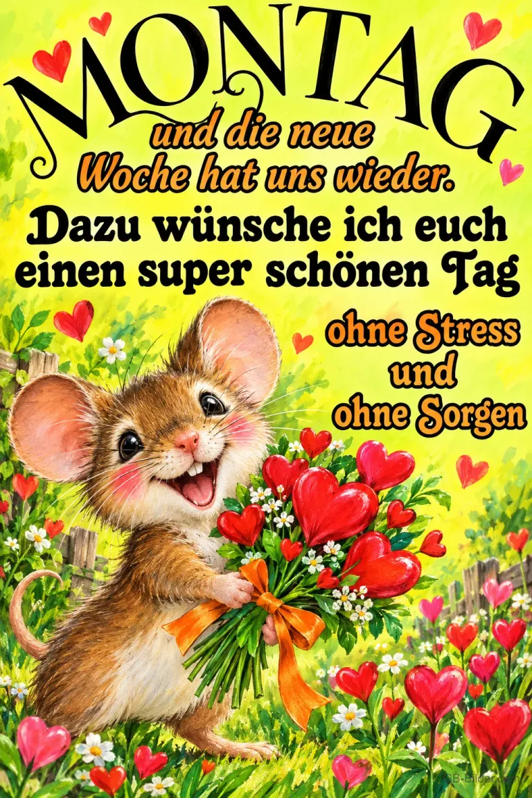 Lachende Maus mit einem Strauß Herzblumen auf einer Wiese, Text: MONTAG und die neue Woche hat uns wieder. Dazu wünsche ich euch einen super schönen Tag ohne Stress und ohne Sorgen