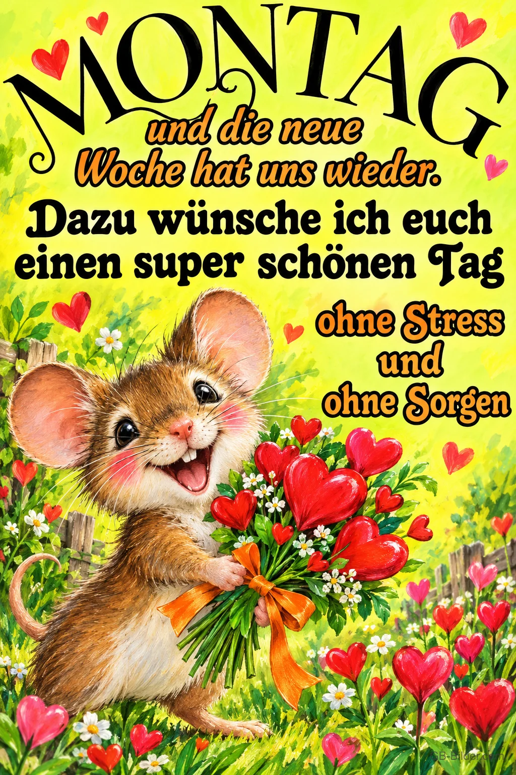 Lachende Maus mit einem Strauß Herzblumen auf einer Wiese, Text: MONTAG und die neue Woche hat uns wieder. Dazu wünsche ich euch einen super schönen Tag ohne Stress und ohne Sorgen