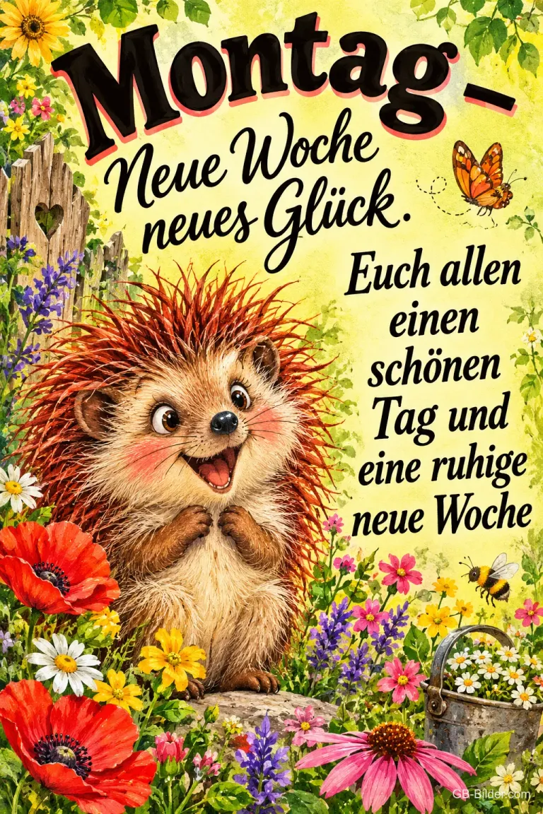Lachender Igel zwischen Mohnblumen und Wiesenblumen, Text: Montag – Neue Woche neues Glück. Euch allen einen schönen Tag und eine ruhige neue Woche